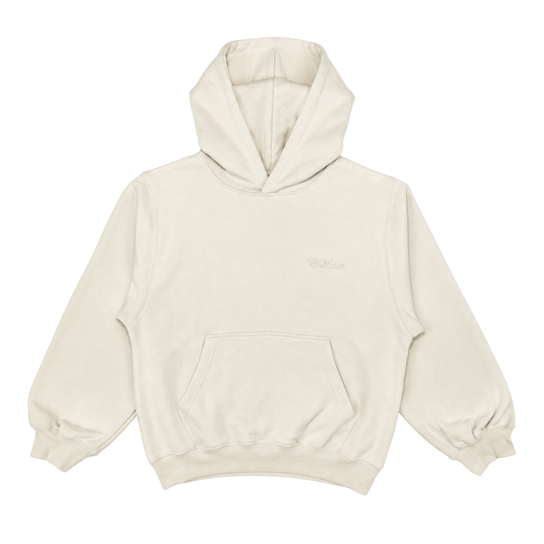180tide Logo Hoodie in Oatmilk cream, front view with tonal chest logo