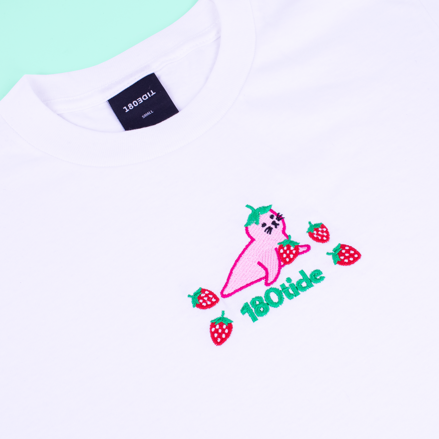 Strawberry Seal Embroidered White Short Sleeve Tee