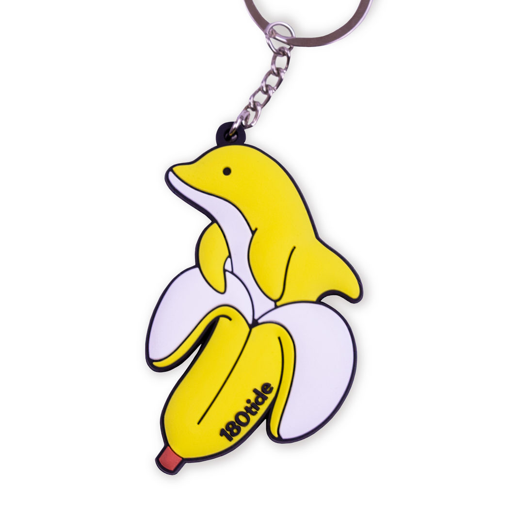 Bandan the Banana Dolphin Rubber Keychain, front view