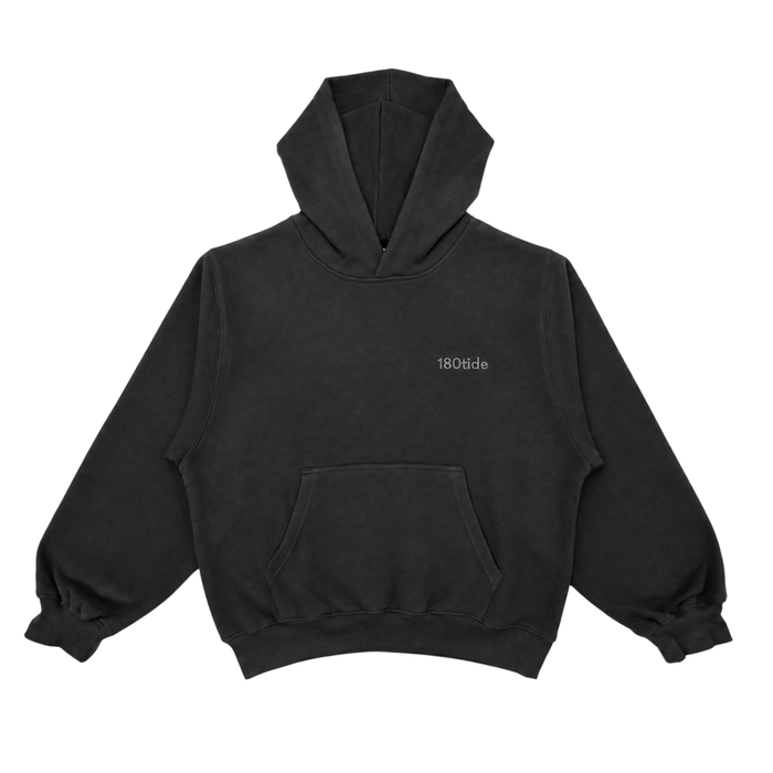 180tide Logo Hoodie in Onyx, front view with tonal chest logo