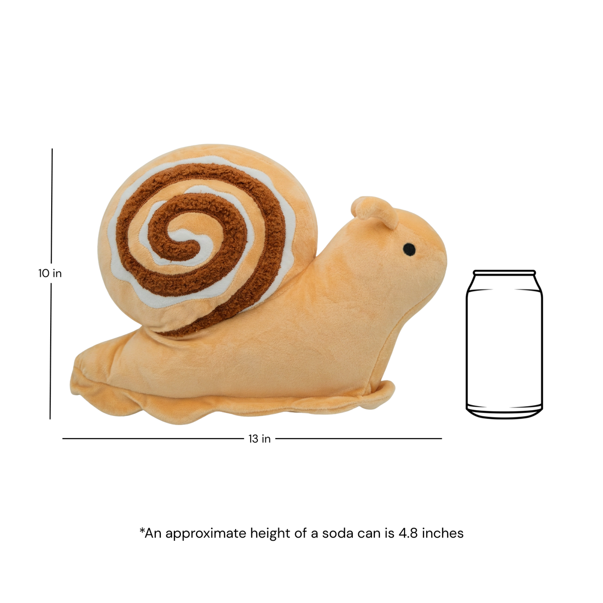 A plush snail toy shown on a white background with dimension lines indicating 13 inches long and 10 inches tall, plus a soda can outline and text noting an approximate can height of 4.8 inches.