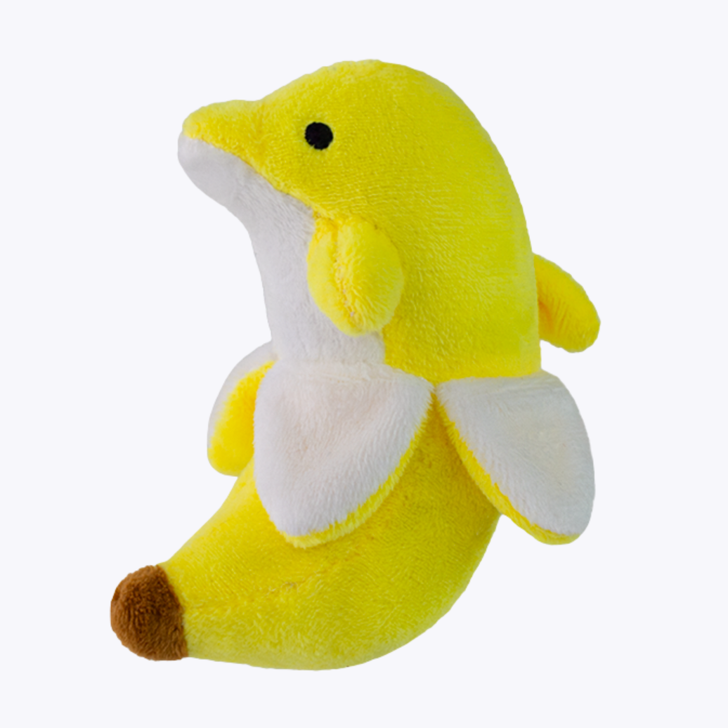 BanDan the Banana Dolphin Miniature Plush, photographed front-on against a light grey studio background