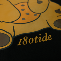 Detail of the Chip the Cookie Bear back print with 180tide script on the Onyx crewneck