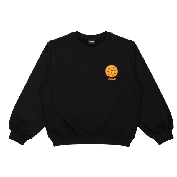 Chip the Cookie Bear Crewneck in Onyx, front view with cookie chest print