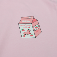 Close-up of Kelsa the Strawberry Seal in the strawberry milk carton chest print on the Kelsa Strawberry Seal Milk Crewneck