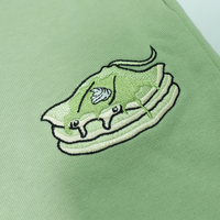 Close-up of the Matcha Stacks thigh embroidery on the Matcha Green sweatpants