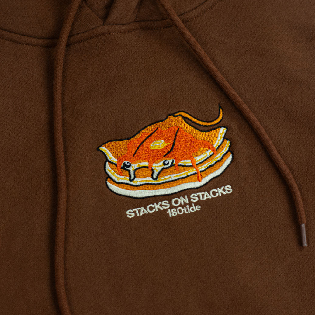 Stacks the Pancake Manta Ray Hoodie – Brown, embroidery close-up