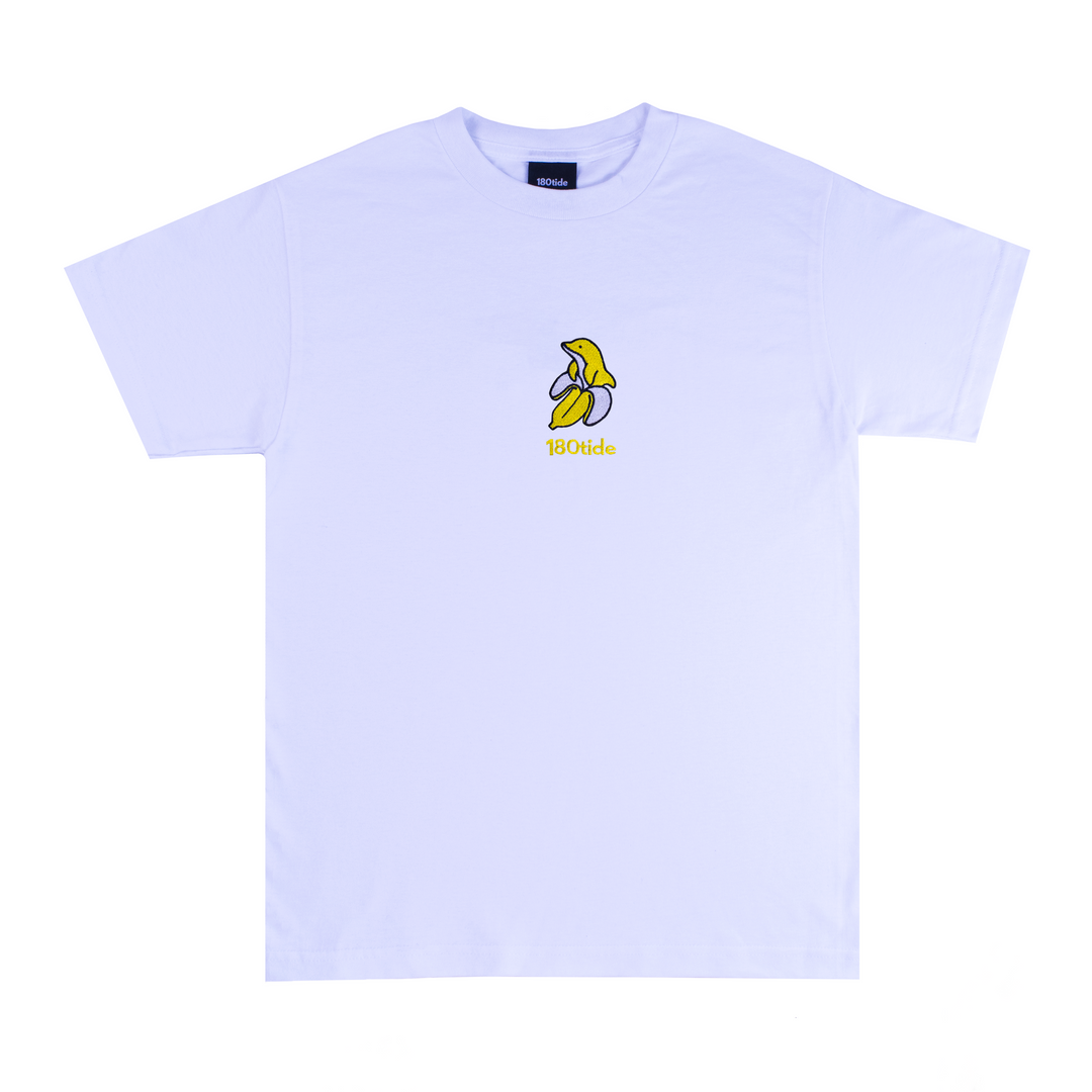 BanDan the banana dolphin white short sleeve tee. Banana Dolphin clothing.