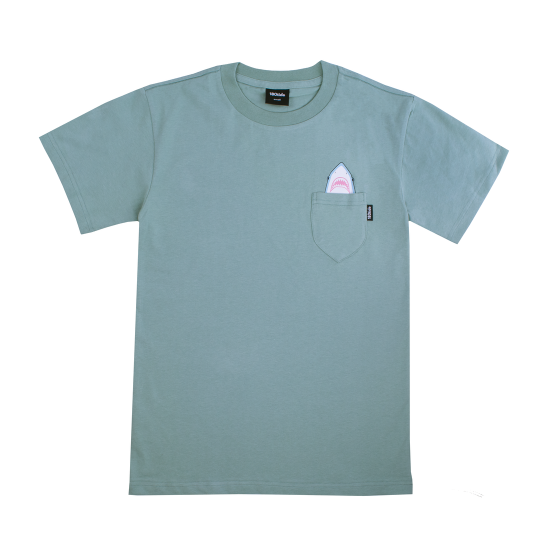 Shark wearing rubber ducky floatie sage green pocket tee. 