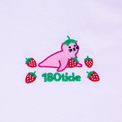 Strawberry Seal Embroidered White Short Sleeve Tee