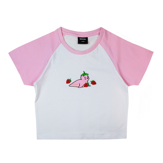 Mochi the Strawberry Seal Pink Crop Baseball Tee