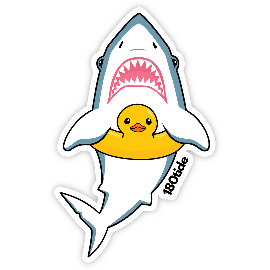 Shark Rubber Duck Floatie Sticker, die-cut vinyl sticker, front